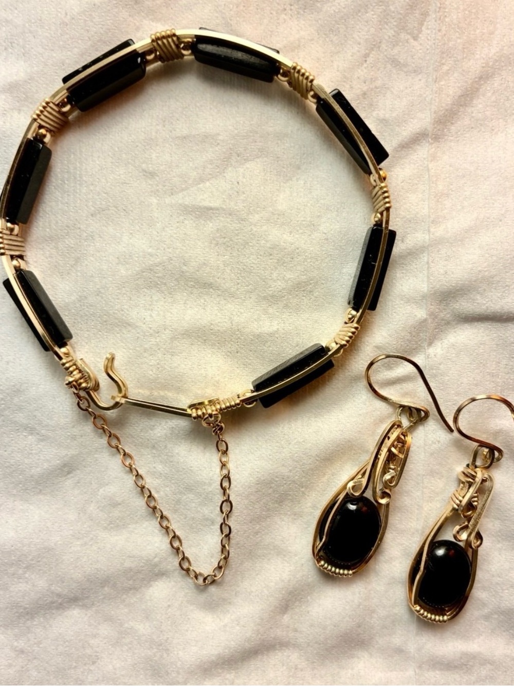 Artisan Gold Filled Wire Wrapped Black Onyx Y2K Bracelet & Earring Set